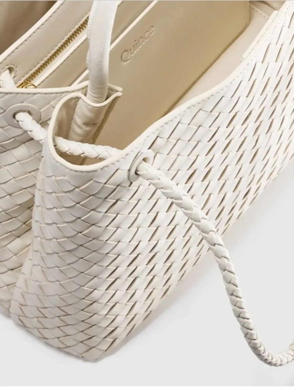 Quince Romy hand Woven Leather Top-Handle Tote in bone